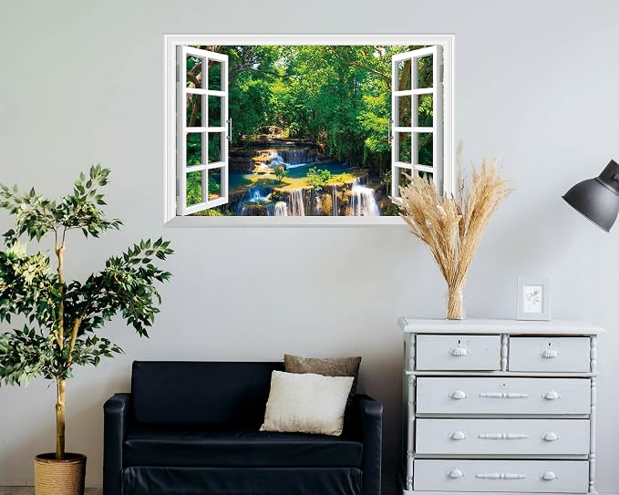 FLFK Fake Window Wall Mural - Jungle Waterfall Faux Window Wall Sticker for Wall Decor, Peel and Stick Wall Decals,48"x32",Set of 2 Sheets - Image 5