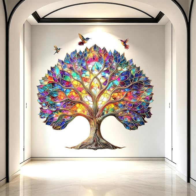 Stained Glass Tree of Life Birds Peel and Stick Wall Decals Decor Stickers | Vibrant colorful hummingbirds tree leaves roots removable vinyl wall art & murals for bedroom living room classroom office - Image 3