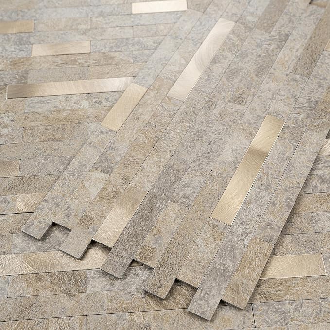 StyloVue 20 Sheets Peel and Stick Backsplash, Dark Beige with Metal Gold Look PVC Wall Tiles Upgrade Your Kitchen Backsplash, RV, Fireplace - Image 3