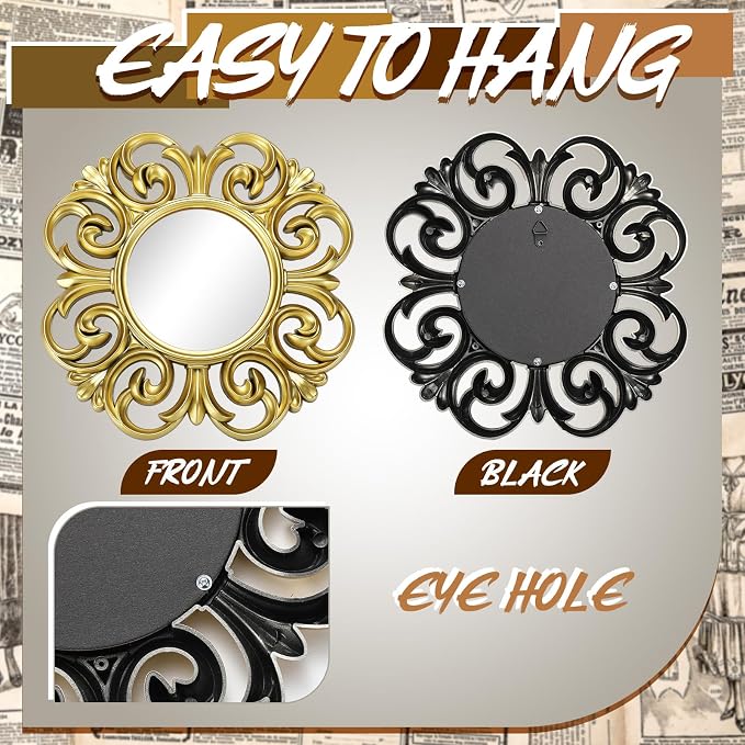 Fourluoo 3 Pack Gold Sunburst Mirrors for Wall Decor Circle Flowers Mirrors Decorative Gold Hanging Wall Art Flowers Mirror for Home Living Dinning Room Bedroom Bathroom Boho Decoration Art(Vintage) - Image 5