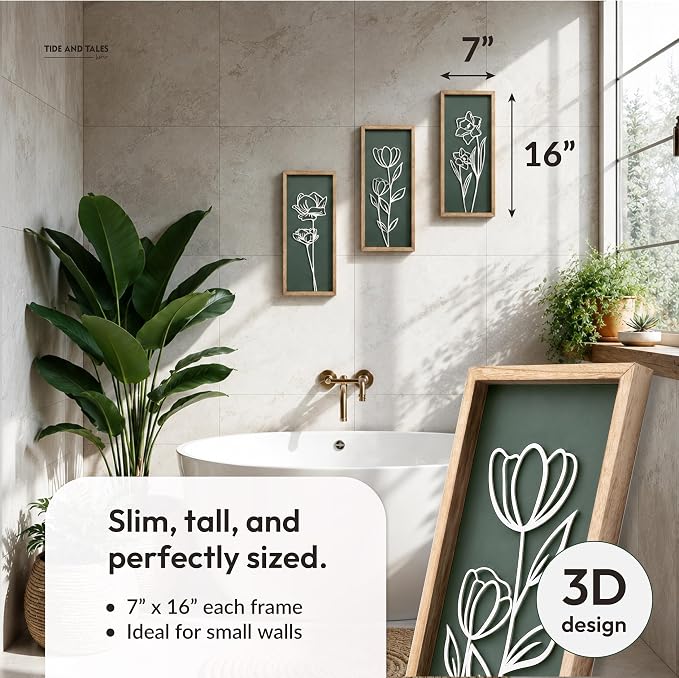 Tide and Tales 3d Green Wall Art, Wooden Botanical Wall Decor, Set of 3 | 7" x 16", Lightweight, Framed Ready-to-Hang, Bathroom Wall Decor, Bedroom, Living Room, Office, Farmhouse, Gift-Boxed - Image 2