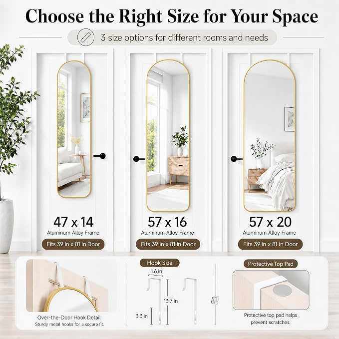 SCWF-GZ 47x14 Full Length Mirror Over the Door Hang or Wall Mounted Gold - Image 8