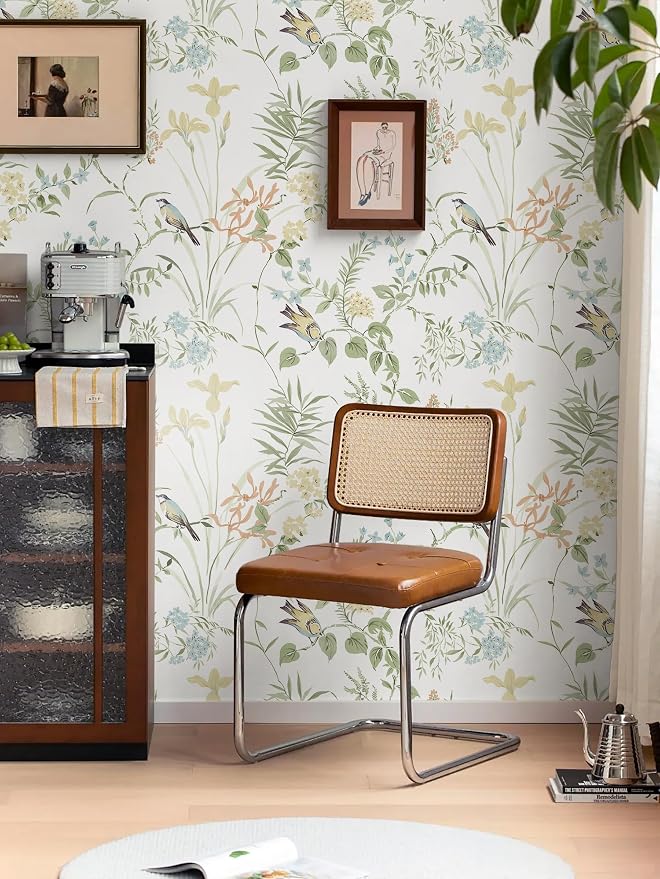 Erfoni Boho Floral Peel and Stick Wallpaper Green Floral Birds Wallpaper | 16.9" x197" DIY Self Adhesive Wallpaper Removable Wallpaper for Accent Wall Decor Modern Flower Leaf Contact Paper Vinyl Roll - Image 6