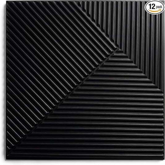 3D Wall Panels for Interior Wall Decor, PVC, Matte Black | 19.7x19.7 Inch, 12 Pack 32 Sq Ft, Waterproof, Decorative Textured Tile, Paintable, Fire Resistant, Lightweight Modern Accent by RIZZTILE