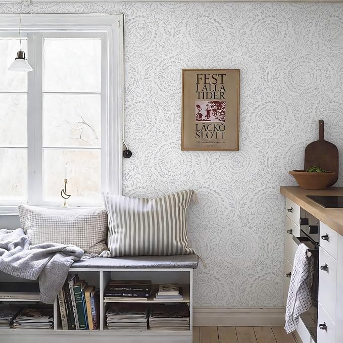 Ismoon Floral Peel and Stick Wallpaper Boho Grey and White Contact Paper | 17.3x196in Light Gray Wall Paper Textured Self Adhesive Removable Wallpaper for Bedroom Kitchen Renter Friendly Vinyl - Image 6