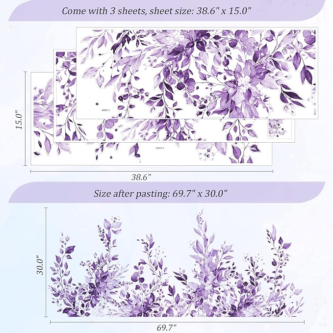 Purple Plants Leaves Wall Decals Peel and Stick, Large Floral Flowers Wall Stickers, Removable Vine Home Decor Art for Bedroom Living Room Classroom Office - Image 2