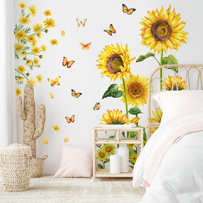 Sunflower Wall Decals Peel and Stick with Butterflies, Large Removable Sunflower Wall Stickers, Floral Wall Decor for Bedroom Living Room Nursery Office Cafe - Image 4