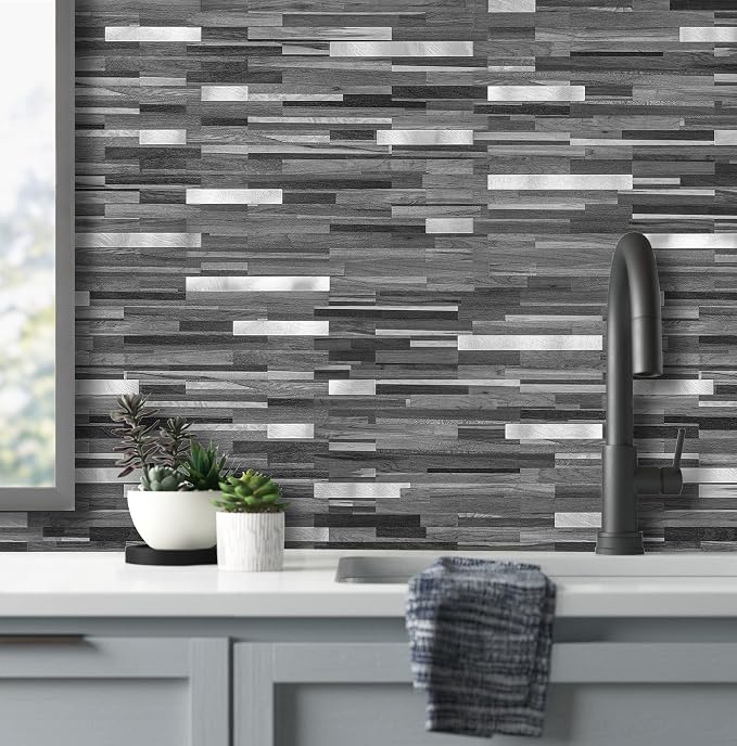 AULIGET 40 Sheets Peel and Stick Backsplash, Black & Grey Wood Look PVC Mixed Metal Stick on Backsplash Tiles for Kitchen - Image 2
