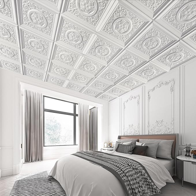 WOWSTAR 12-Pack 24"x24" Drop Ceiling Tiles, Waterproof Glue up Vintage Style 3D Ceiling Tiles, White | PVC ceiling panels, 24"x24", waterproof, glue-up install, basement kitchen bathroom, 12-pack - Image 3