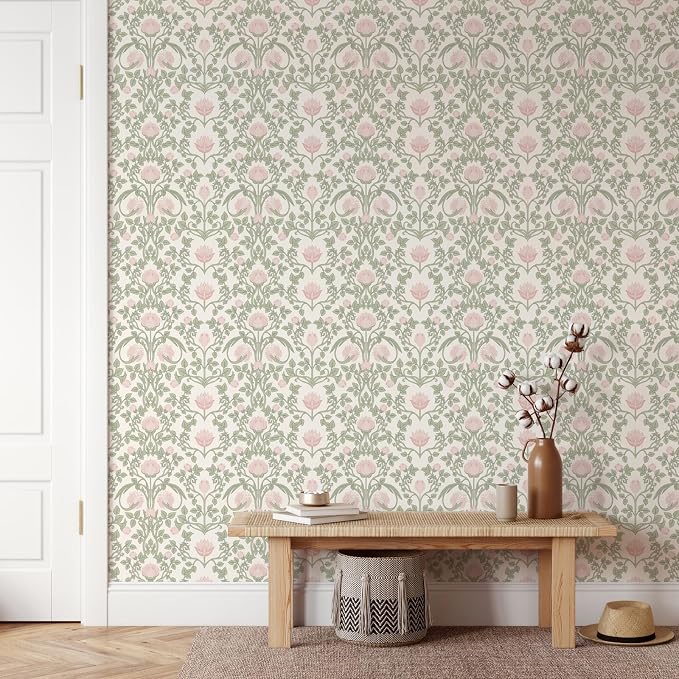 YXTII 590.5" × 17.3" Floral Wallpaper Peel and Stick Pink and Green Wallpaper Vintage Damask Wall Paper for Bedroom Bathroom Decorative Self Adhesive Contact Paper - Image 4