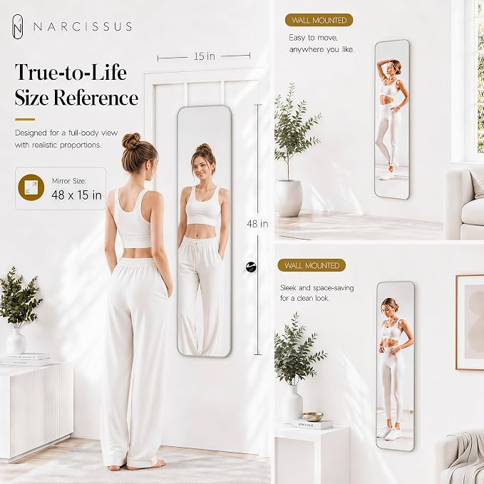 NARCISSUS Over the Door Full Length Mirror 47x14 Inch, Wall Mounted Dressing Mirror, Door Hanging Full Body Mirror HD Reflection Glass for Bedroom, Aluminum Alloy Frame Silver - Image 2