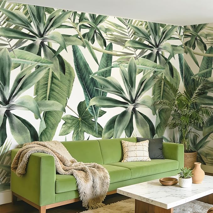 Tropical Peel and Stick Watercolor Green Leaves Wall Mural, Leather Textured Vintage Self-Adhesive Wallpaper for Bedroom Living Room Background Wall Decor, White Background, 137'' x 98'' - Image 2