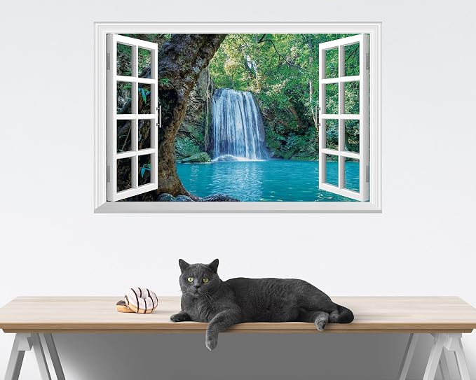 FLFK Fake Window Wall Mural - Waterfall and Lake in The Jungle Faux Window Wall Sticker for Wall Decor, Peel and Stick Wall Decals,48"x32",Set of 2 Sheets - Image 3