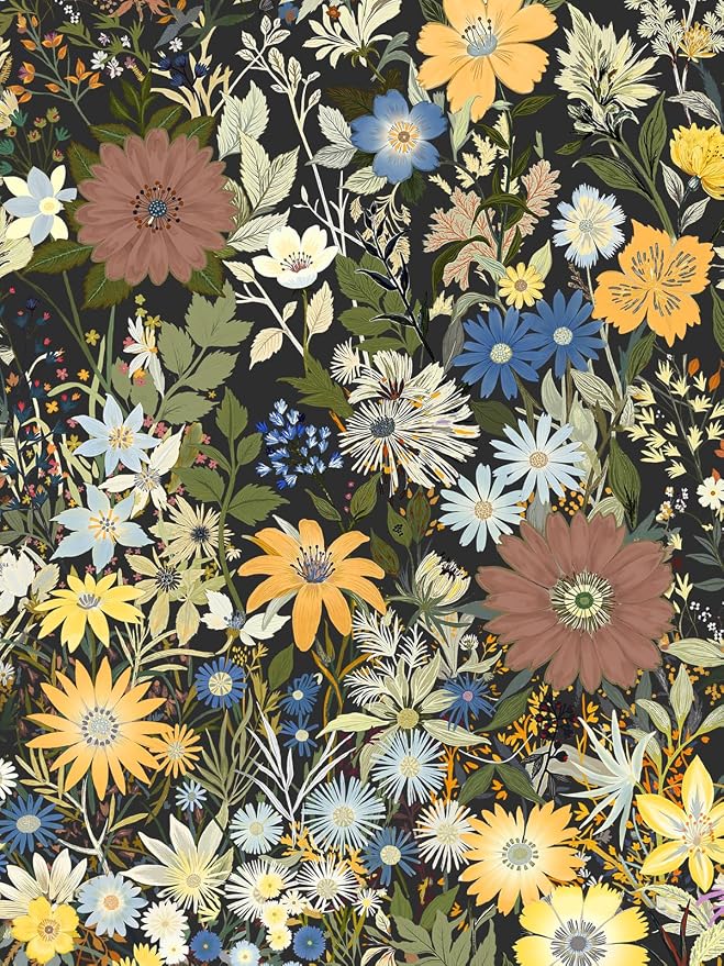 Vintage Floral Peel and Stick Wallpaper for Bedroom,Cabinets 17.3" x 118" | Textured Vinyl Contact Paper Self Adhesive Removable Waterproof Black/Green/Yellow Stick on Wall paper for Kitchen Bathroom by Vintique