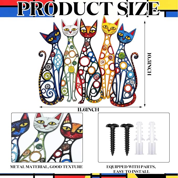 Wesiti Cat Wall Art Decor Metal Sculpture, 10.6x15.7 Inches Colorful Retro | Mid Century Style for Cat Lovers, Iron Metal Decor for Living Room Bedroom Kitchen Office, Playful Vintage Design - Image 2