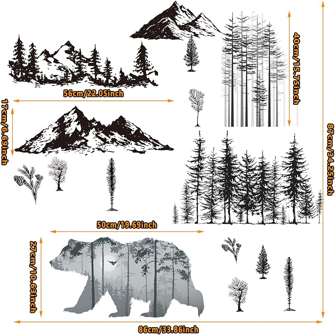 Outus 3 Sheets Mountain Forest Bear Wall Decals Stickers Pine Tree Wall Decals Woodland Trees Wall Stickers Forest Decals for Kids Nursery Bedroom Living Room Decor,11.8 x 35.4 Inches - Image 2