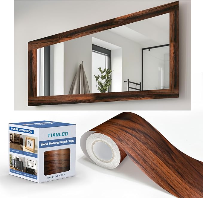 TIANLDD 27 FT Wood Grain Wallpaper Border, Removable Waterproof Mirror Border Peel and Stick,Bathroom Mirror Frame Border.(Dark Oak) by TIANLDD