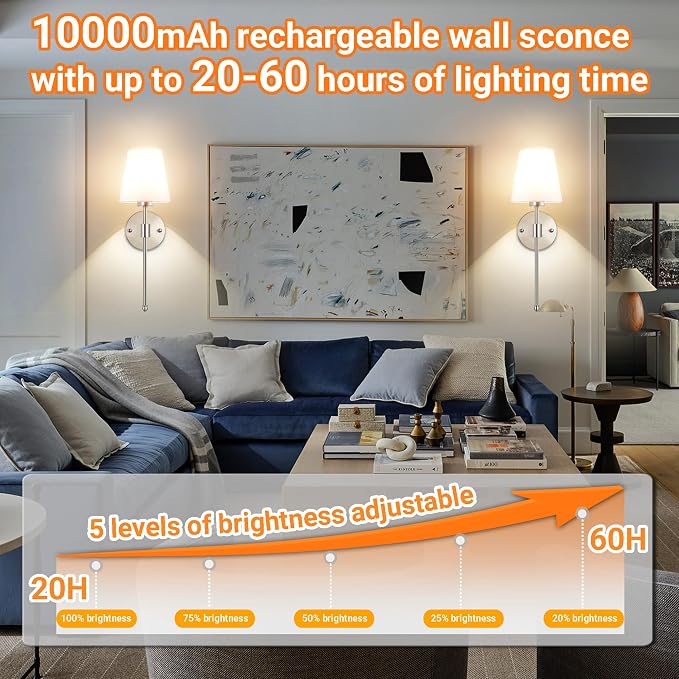 Battery Operated Wall Sconces Set Of 2, Wireless Battery Wall Light With 10000mAh RGB Rechargeable Magnetic Bulb, Rechargeable Wall Sconce With Remote Control For Bedroom, No Electrician Required - Image 4