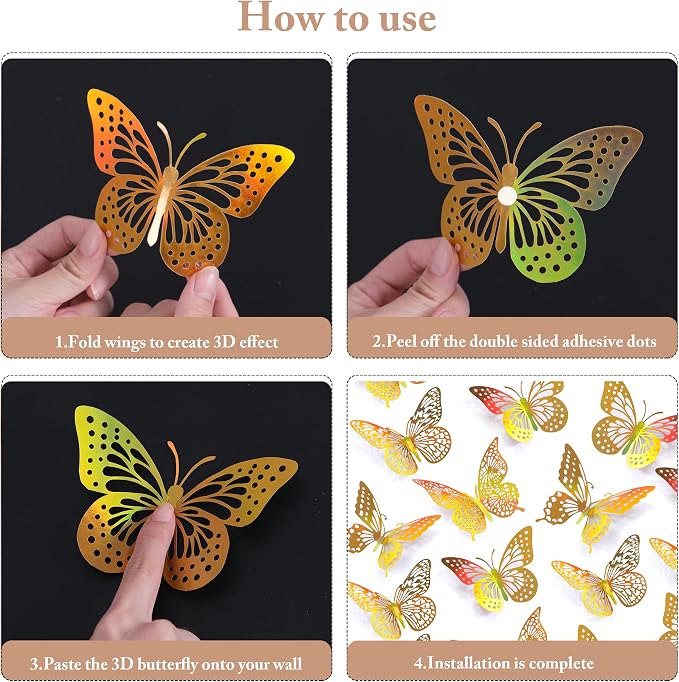 SAOROPEB 3D Butterfly Wall Decor 48 Pcs Laser Gold Butterfly Decorations | 4 Styles 3 Sizes, Birthday Decorations Butterfly Party Decorations&Butterfly Cake Decorations-Removable Gold Butterfly - Image 8