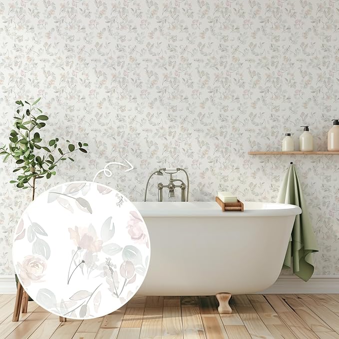 Blush Pink Watercolor Floral Peel and Stick Wallpaper, 17.3" x 118" Removable & Waterproof Vinyl Wallpaper, Soft Pastel Flower Self-Adhesive Contact Paper for Nursery Bedroom Cabinets - Image 8