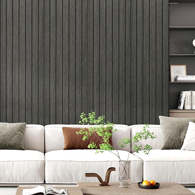 Wallercity Black/Gray Wood Slat Wall Paneling Vinyl 3D Wall Panels for Wall | Peel and Stick Wood Slat Wall Panels for Bedroom Bathroom Waterproof Faux Wooden Soundproof Wall Slat Panelling 23.6x197 IN - Image 2
