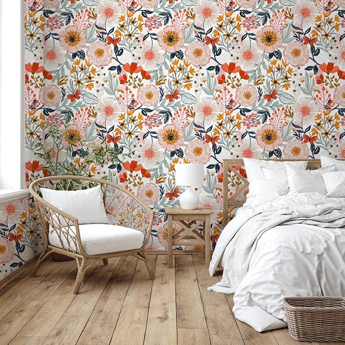 HAOKHOME Pink Floral Wallpaper Peel and Stick Botanical 17.3in x 32.8ft | Textured Boho Wall Paper Modern Renter Friendly Removable Flower White Orange Stick on Mural Bathroom Bedroom Accent Decor - Image 2