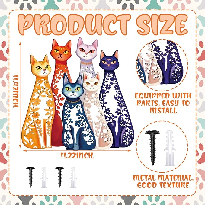 Wesiti 6 Pcs Iron Cat Wall Art, Colorful Mid Century Decor for Cat Lovers | Hollow Sculptures 11.42x11.22in Each, Retro Style for Living Room Bedroom Kitchen Office, Unique Gift for Enthusiasts - Image 2