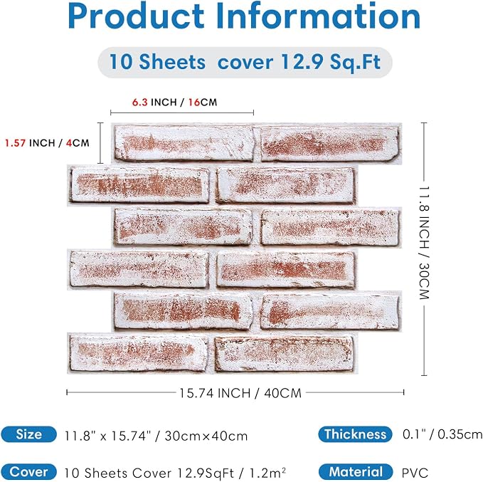 COMSTICKC 3D Faux Brick Wall Panels Peel and Stick, 10 Pcs 15.7" x 11.8" | Not Real Brick, Ultra-Light Thin PVC 3D Fake Brick Decorative Wall Covering for DIY Interior Decor, Cover 12.9 sq ft - Image 5