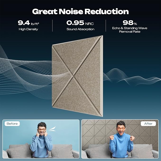 Sonicism 12 Pack X-Lined Acoustic Panels with Self-Adhesive, 12"X 12"X 0.4" Sound Proof Foam Panels, Decorative Soundproof Wall Panels, Sound Absorbing Tile for Home & Offices, Camel - Image 3