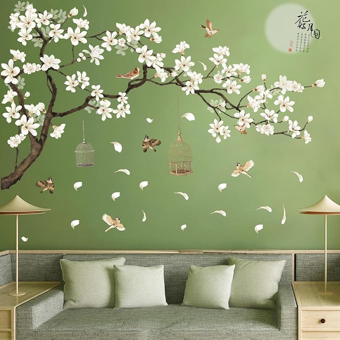 Large Chinese Style White Flowers Wall Stickers with Black Tree Flying Birds Wall Decals, Removable DIY Wall Art Decor Murals for Offices Living Room Bedroom Study Room Home Walls Decoration, 50x74in - Image 4