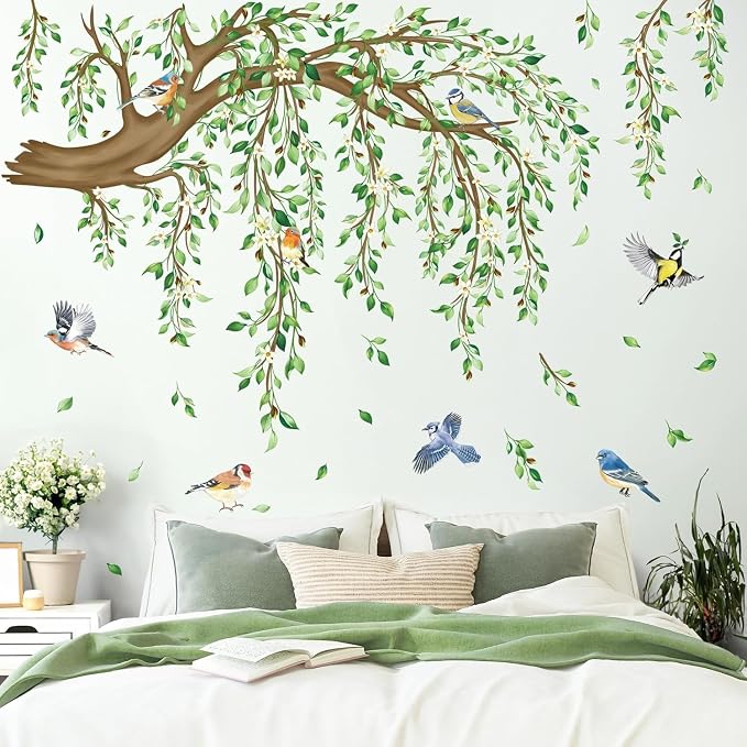 Large Tree Sticker Green Hanging Plants Wall Sticker Birds Flower Branches Wall Art Decals Wall Murals Peel and Stick Nature for Living Room Bedroom TV Wall - Image 4