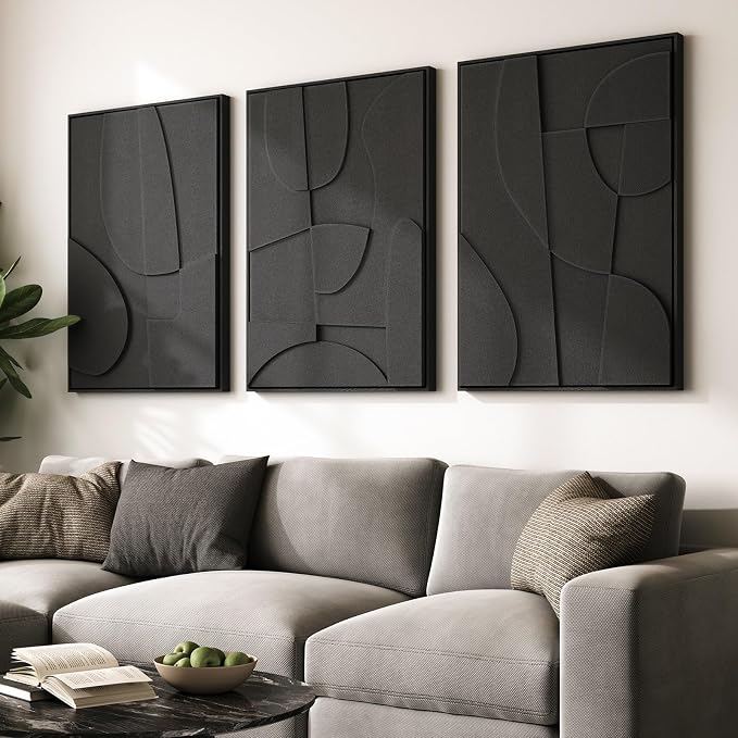 Large 3D Textured Modern Black Abstract Wall Art for Living Room, 3 Piece | Solid Wood Framed Artwork for Walls, Set of 3 All Black Texture Paintings, 24x36 In Big Pictures Wall Decor Bedroom Office by Cuspin