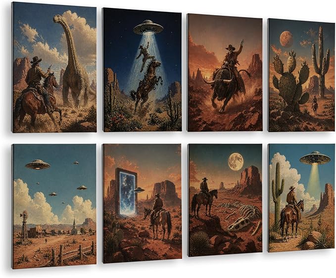 VIYYIEA Acoustic Art Wall Panel, Western Cowboys Sound Absorbing Panels | 48×32 in UFO Soundproof Panels Bedroom Gaming Room Dorm Whimsical Decor, 8Pcs Acoustical Alien Prints 3D Bulletin Board by VIYYIEAART