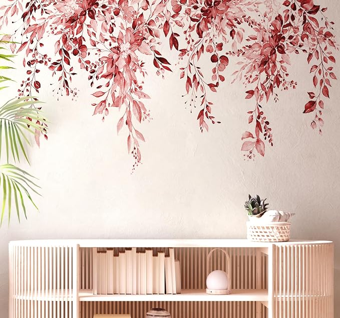 Burgundy Red Plants Leaves Wall Decals Peel and Stick, Large Floral Flowers Vinyl Wall Stickers, Removable Vine Home Decor Art for Bedroom Living Room Classroom Office - Image 8