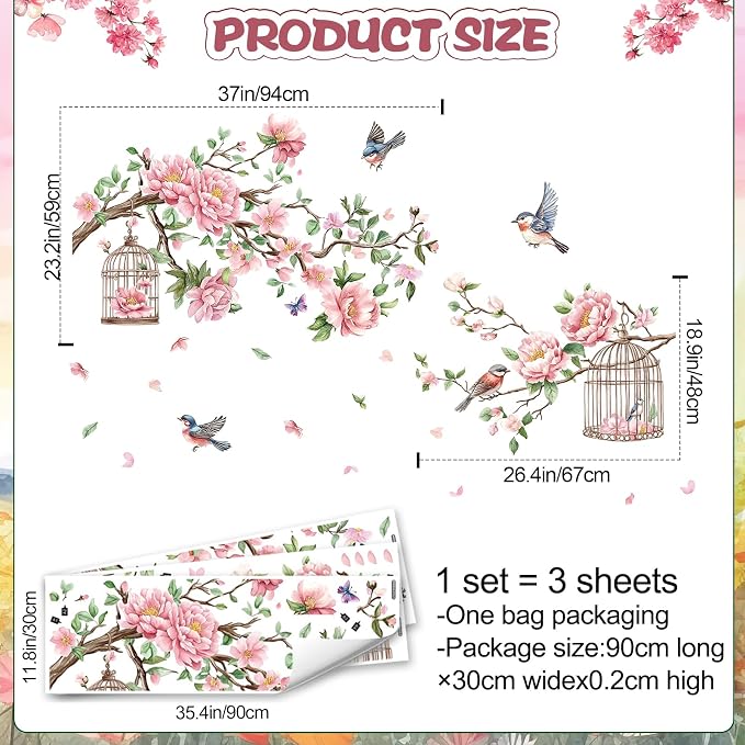 Removable Large Flowers with Tree Branches Wall Stickers – DIY Peony Floral Birds Wall Decals, Peel and Stick Leaves & Birdcage Wall Decor for Kids Girls Bedroom, Nursery, Living Room, Classroom - Image 2