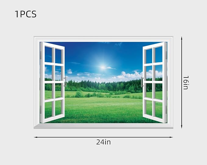 FLFK Fake Window Wall Decal - Grassland Forest Faux Window Wall Mural for Wall Decor, Peel and Stick Wall Sticker,24"x16" - Image 2