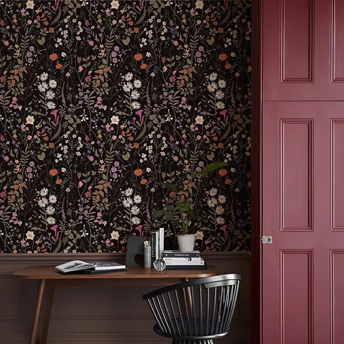 JiffDiff Floral Wallpaper Peel and Stick- 1181" x 17.3" Farm Wildwood Self Adhesive Wall Paper Daisy Flower Contact Paper Dark Floral Stick On Wallpaper - Image 7