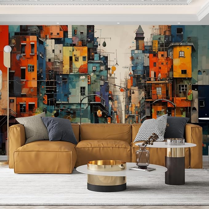 Zeeko Colorful Modern City Wall Murals 3D Peel and Stick 148" W x 98" H | Hand Painted City Wallpaper Removable Graffiti Wall Paintings People Building Abstract Wall Decor for Bedroom Bathroom Office - Image 4