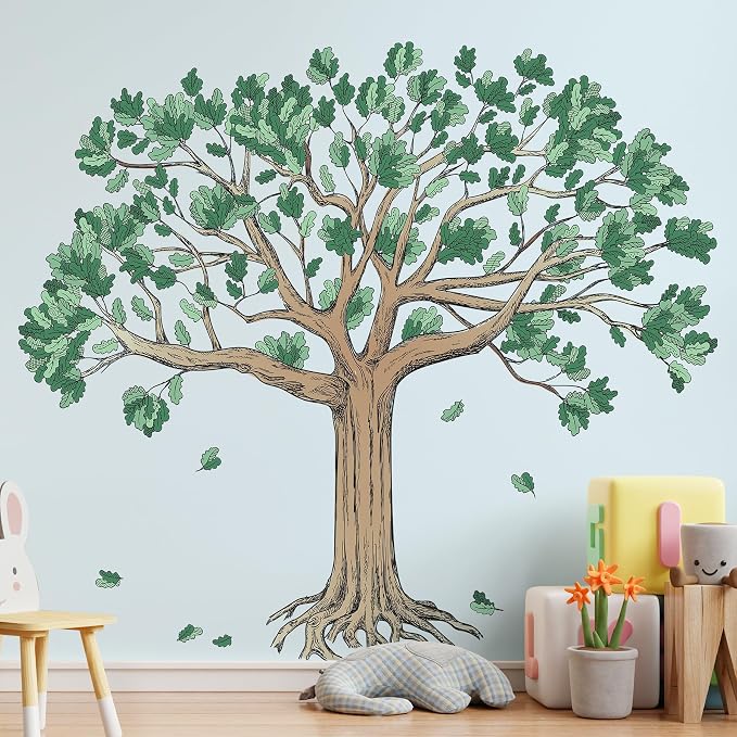 Amaonm Large Watercolor Family Tree Wall Decals 4 Pack 12x36 Inch Brown Trees with Green Leaves Peel & Stick Wall Stickers Decor for Kids Bedroom Living Room, Nursery, Classroom Home Wall (Tree) - Image 4