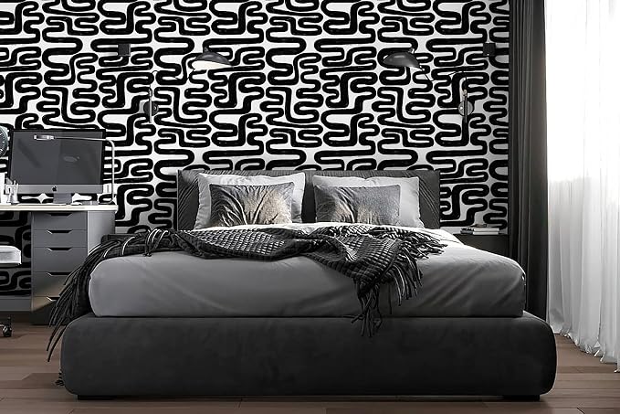 Peel and Stick Wallpaper Black and White Wall Paper Modern Geometric Self-Adhesive Removable Contact Paper Thicken Waterproof Easy to Clean Decorative for Bedroom Bathroom Film 17.3in x 78.7in - Image 5