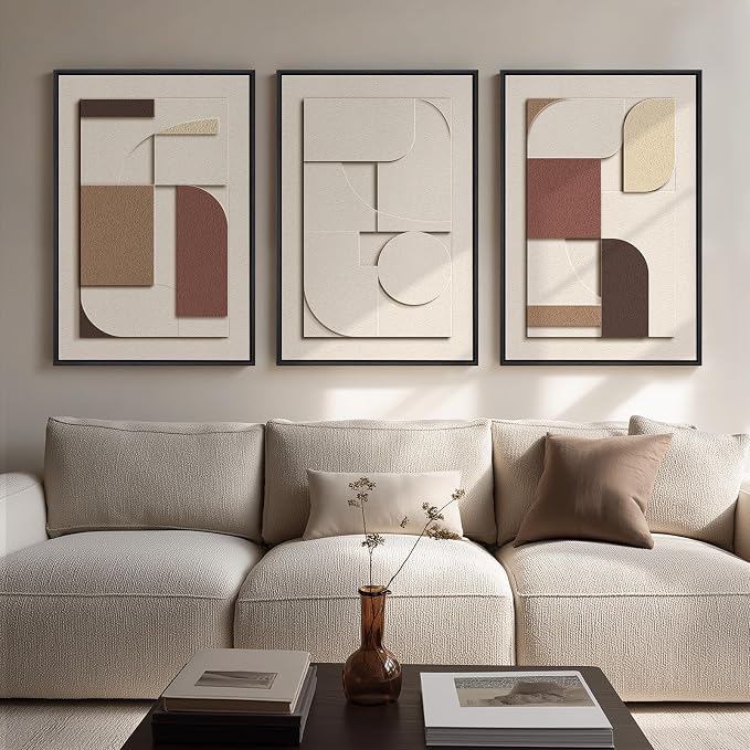 Large 3D Textured Neutral Abstract Framed Wall Art for Living Room, 3 Piece | Wood Frames, Brown and Cream, Set of 3 Sandstone Paintings, 20x30 In Modern Geometric Sculptural Wall Decor Bedroom Office by Cuspin