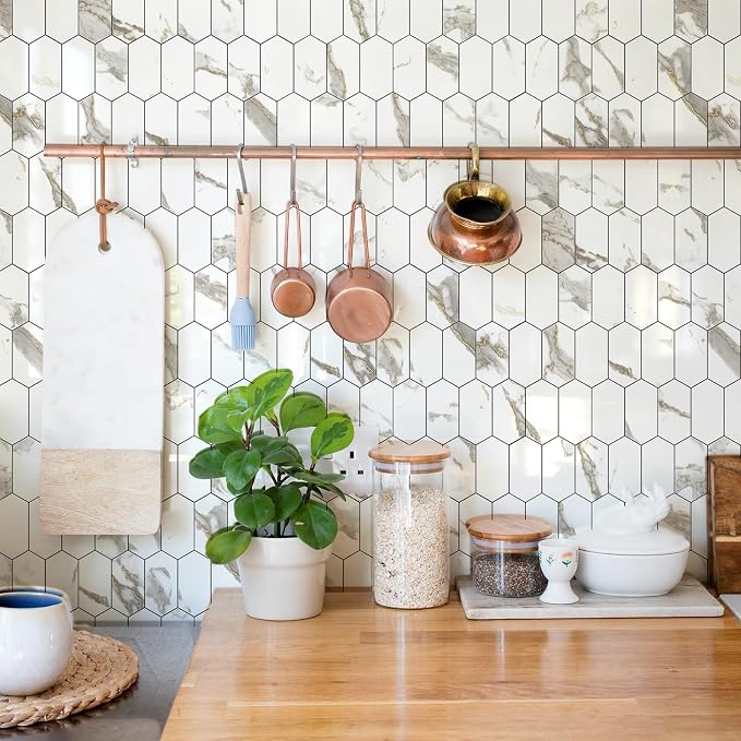 Vamos Tile Long Hexagon Peel and Stick Backsplash Tile - 10 Sheets Stick on Backsplash for Kitchen and Bathroom 12.4 x 12 Inch Glossy White Marble with Gold Veining PVC Self Adhesive Mosaic Wall Tiles - Image 2