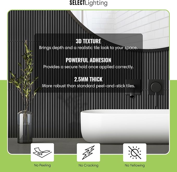 Select 5 Pack Peel and Stick Backsplash Tiles, Vinyl Self Adhesive Back | Back Splash Stick On Tiles for Kitchen & Bathroom, Linear Design 12" x 12" Wall Tiles, Hunter Green - Image 2
