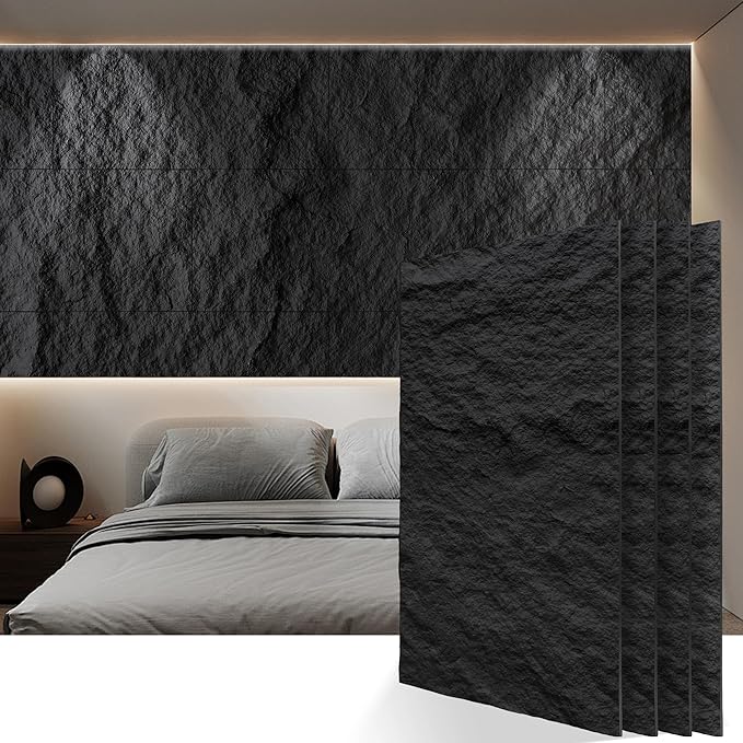 3D Faux Stone PU Wall Panels for Interior Decor, 4 Pieces, Dark Black | Cement Texture Accent Wainscoting Panel for Home, Office, 47.2" × 23.6" by KASARO