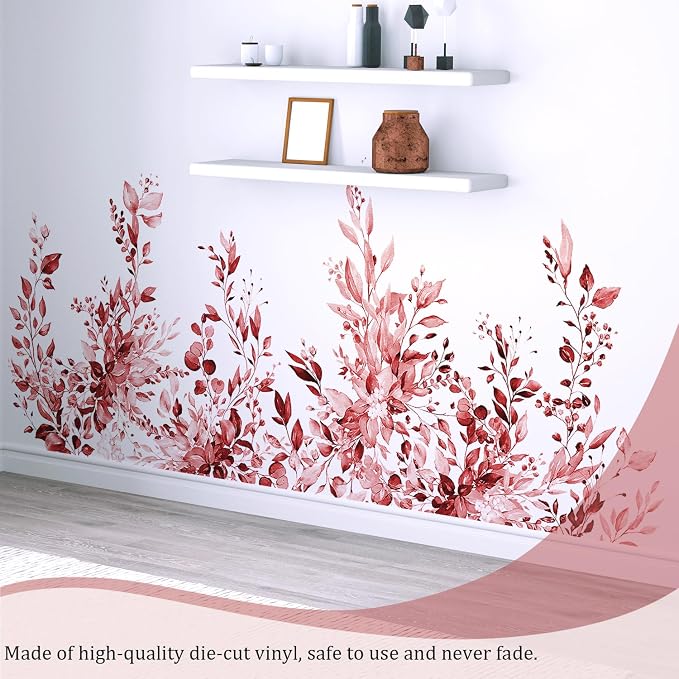 Burgundy Red Plants Leaves Wall Decals Peel and Stick, Large Floral Flowers Vinyl Wall Stickers, Removable Vine Home Decor Art for Bedroom Living Room Classroom Office - Image 6