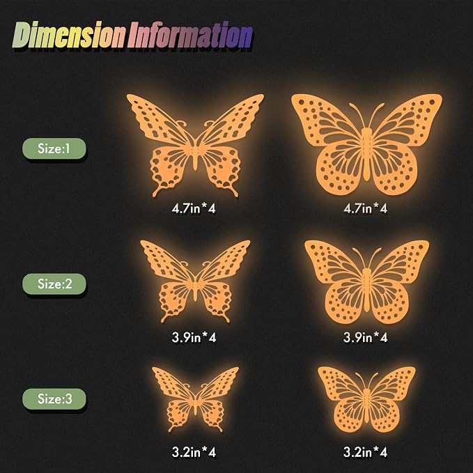 SAOROPEB Glow in The Dark 3D Butterfly 24 Pcs Orange Butterfly Stickers | 3 Sizes, Luminous Butterfly Stickers for Ceiling all, Glow in The Dark Party Supplies, Stickers for Kids Babys Nursery - Image 7
