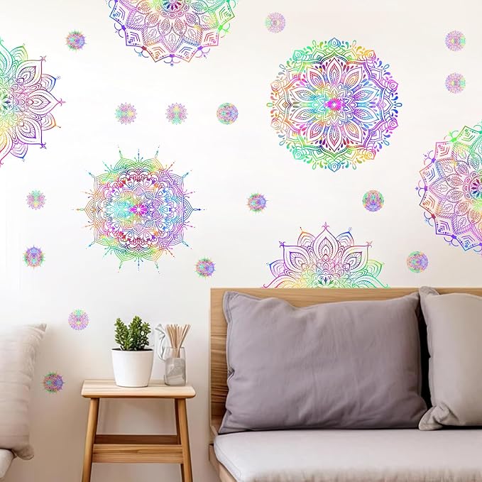 Colorful Mandala Wall Decal Half Mandala Window Wall Stickers Lotus Flower Decals Peel and Stick Modern Art Stickers Removable Minimalist Headboard Decals for Bedroom Living Room Decor - Image 2