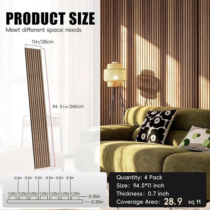 RITOLLO 4-Piece Wood Slat Panels for Wall 94.5"×11" Acoustic Panels for Interior Wall Decor 3D Fluted Sound Absorbing Panel - Natural Walnut | Interior Wall Décor • 3D Fluted Design • Sound Absorbing • Easy Installation • Lightweight - Image 2