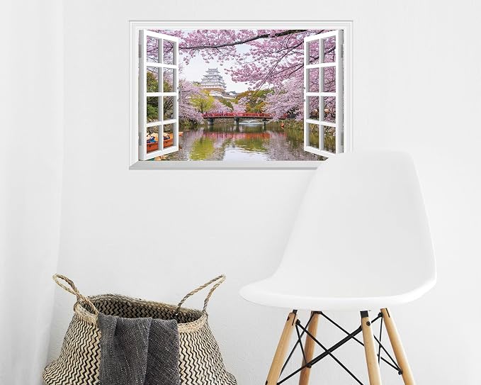 FLFK Fake Window Wall Decal - Cherry Blossom Faux Window Wall Mural for Wall Decor, Peel and Stick Wall Sticker,24"x16" - Image 3