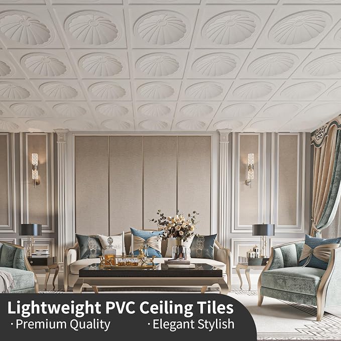 Art3dwallpanels Ceiling Tiles 12 Pack, 24 x 24 Inch, White | 3D Recessed Circle PVC Ceiling Panels, Fireproof Waterproof Light Tiles, 12 Pack 24"×24" Drop In Ceiling Decoration - Image 2